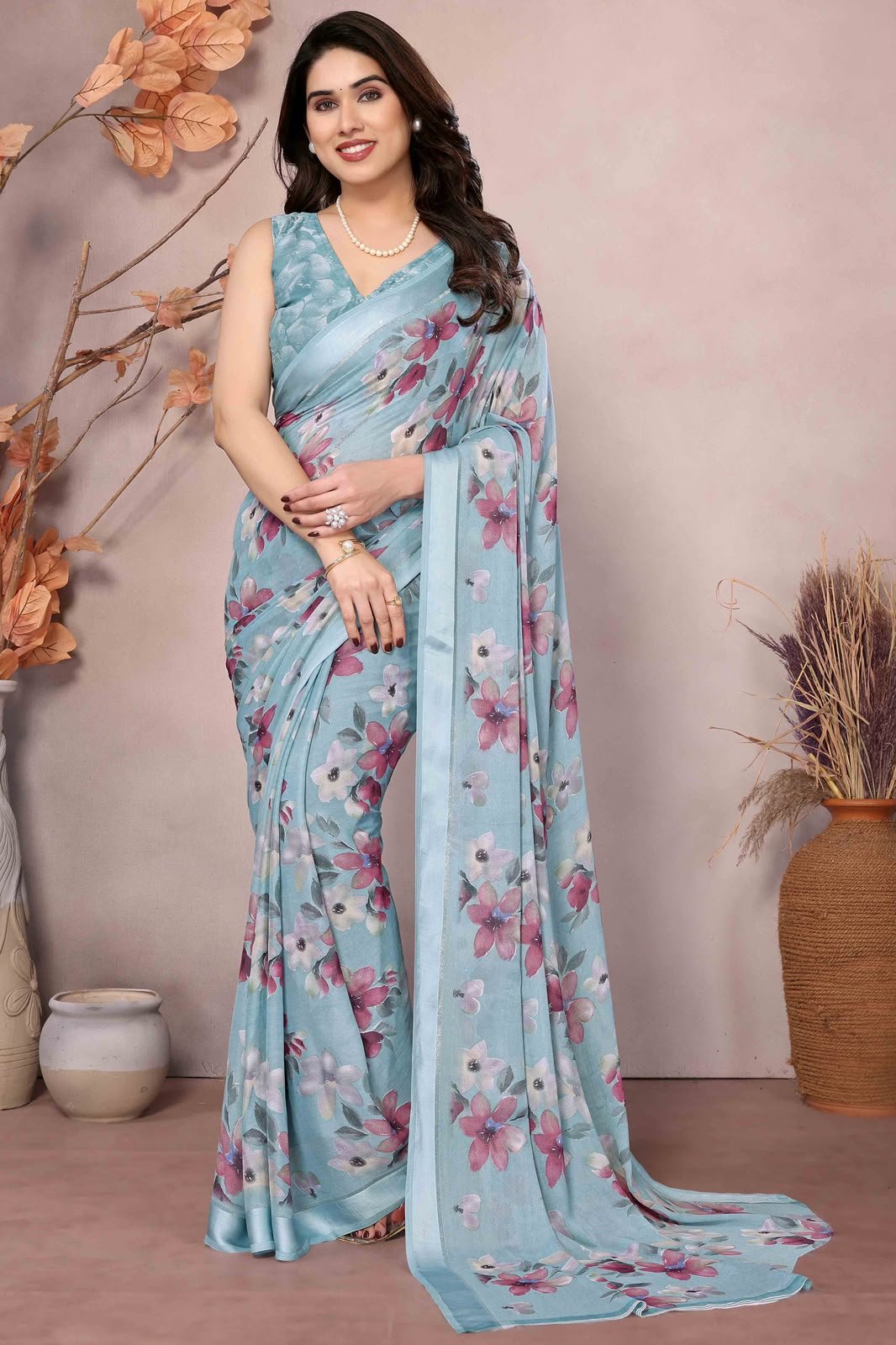 Sky Blue Printed Saree